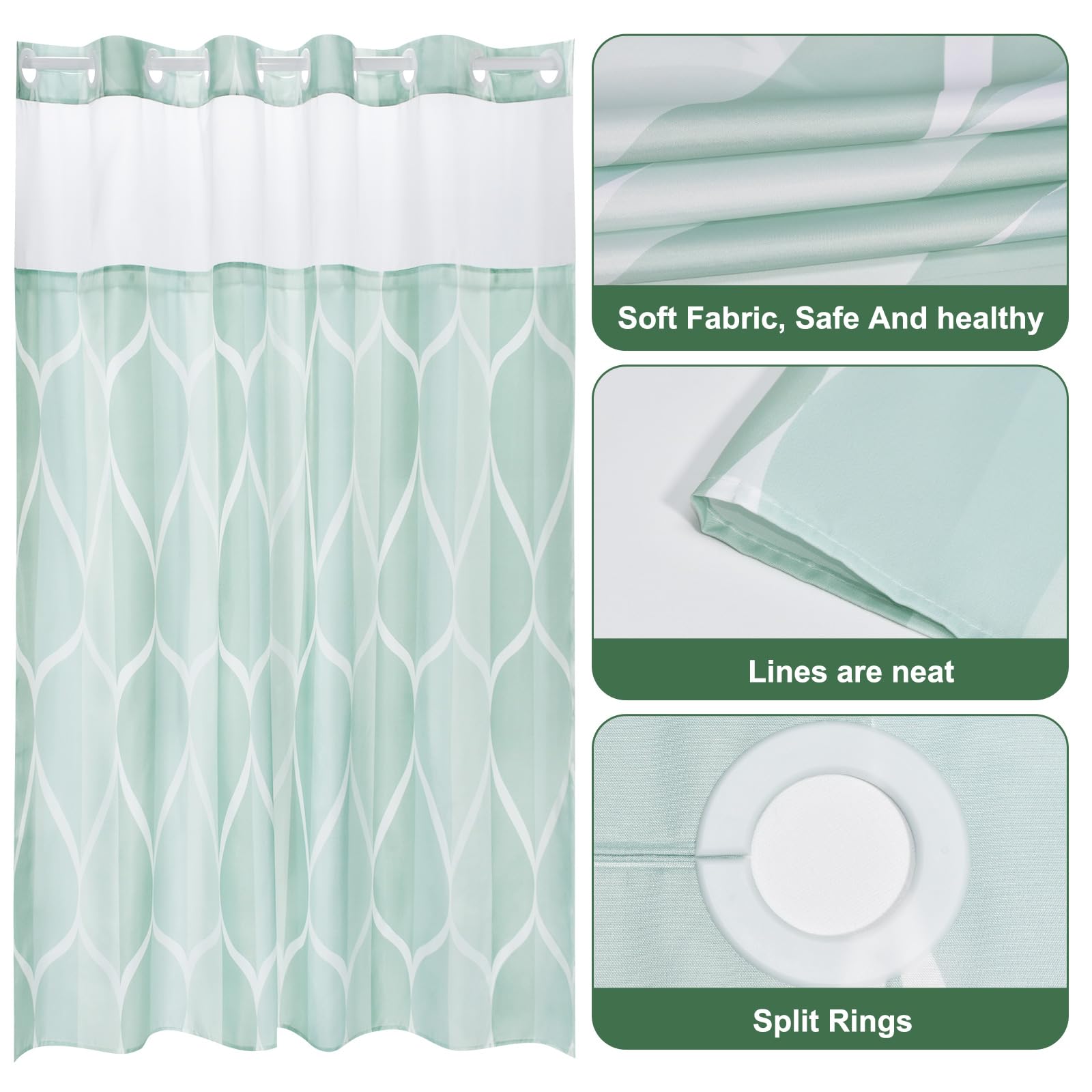 Yiatn Light Green No Hook Hotel Collection Shower Curtain - Hotel Style With See Through Mesh Top Window, Modern Geometric Water